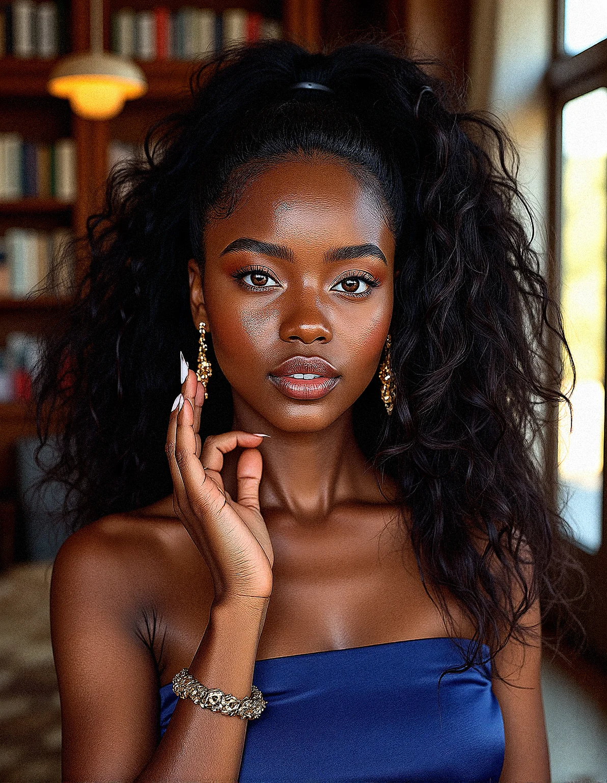 An extreme realism portrait shot of an African American young beauty with ponytail curly hair cascading over her shoulders. Her bright amber eyes and thick lips are contrasted with her very dark skin, which is depicted with intricate textures and realistic details. highlighting her accurate hand and finger anatomy under dynamic lighting. Intricate detailing on her eyebrows, showing individual hairs. Detailed, natural curvature of the nails and cuticles
She wears Elegant evening gown in deep blue, with gold statement earrings, matching bangle, and black stilettos.
The background is Cozy library with wooden bookshelves filled with books and a reading nook with bright, open sunroom with a glass ceiling, wicker furniture, and potted plants,
Golden hour sunlight streaming in from a side window. Cool, diffused light from frosted glass lamps. Gentle, indirect light reflecting off white walls. Cool, blue light from a nearby aquarium. Soft, ethereal light from a translucent curtain backdrop