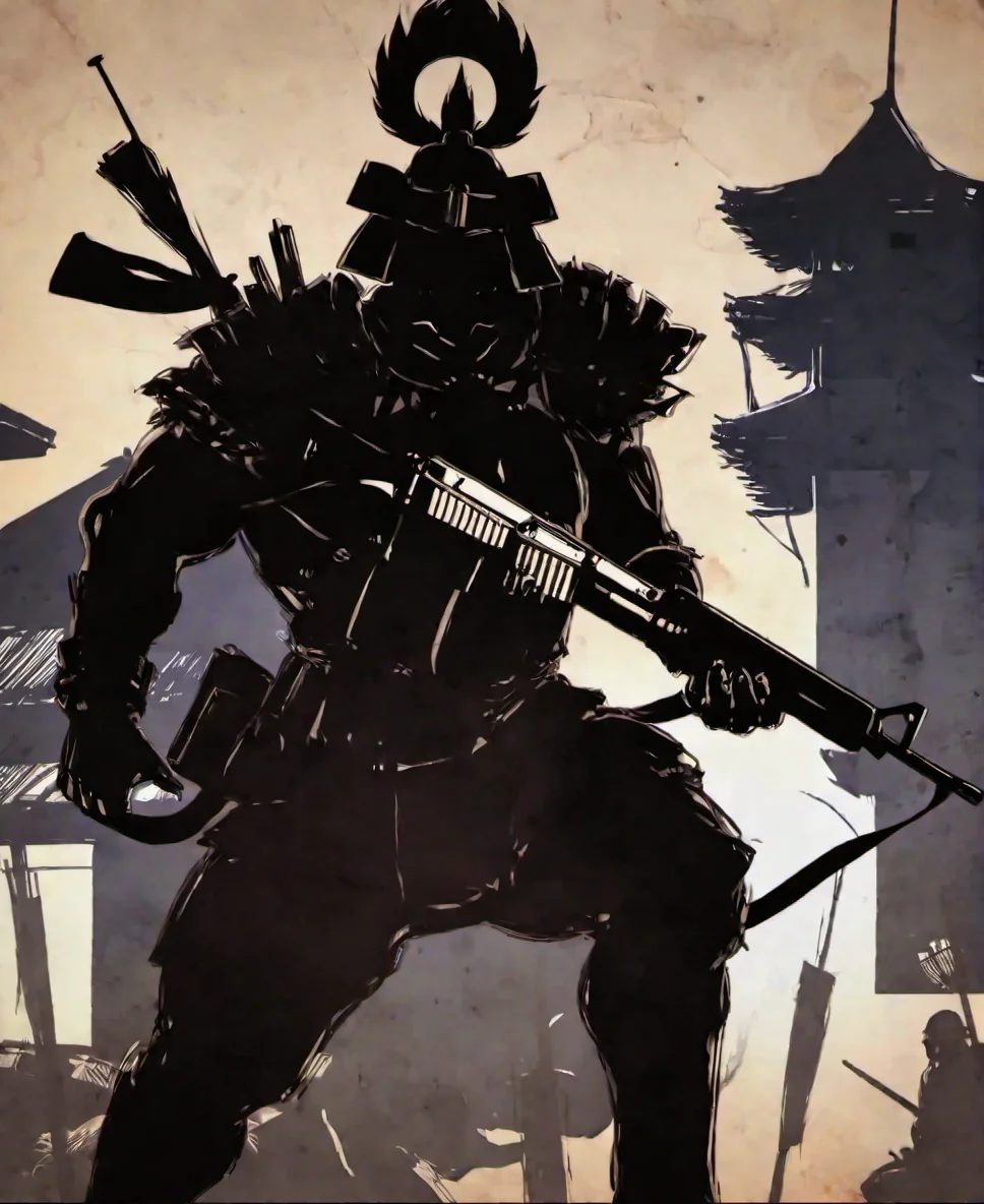 <lora:niohstorytelling-step00000400:0.9>,niohstorytell,silhouete of warrior with a rifle,building in the background