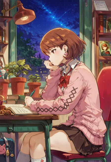  masterpiece, best quality, very aesthetic, absurdres, p3yukari-winuni, yukari takeba, short hair, light brown hair, earrings, choker, brown eyes school uniform, cardigan, pink cardigan, ribbon, skirt, gekkoukan high school uniform, kneehighs,, zzLofi, sitting, side view, desk, chair, book, bookshelf, head rest, holding, holding pen, lamp, night, open book, pen, plant, potted plant, sky, star (sky), starry sky, window, windowsill, writing,