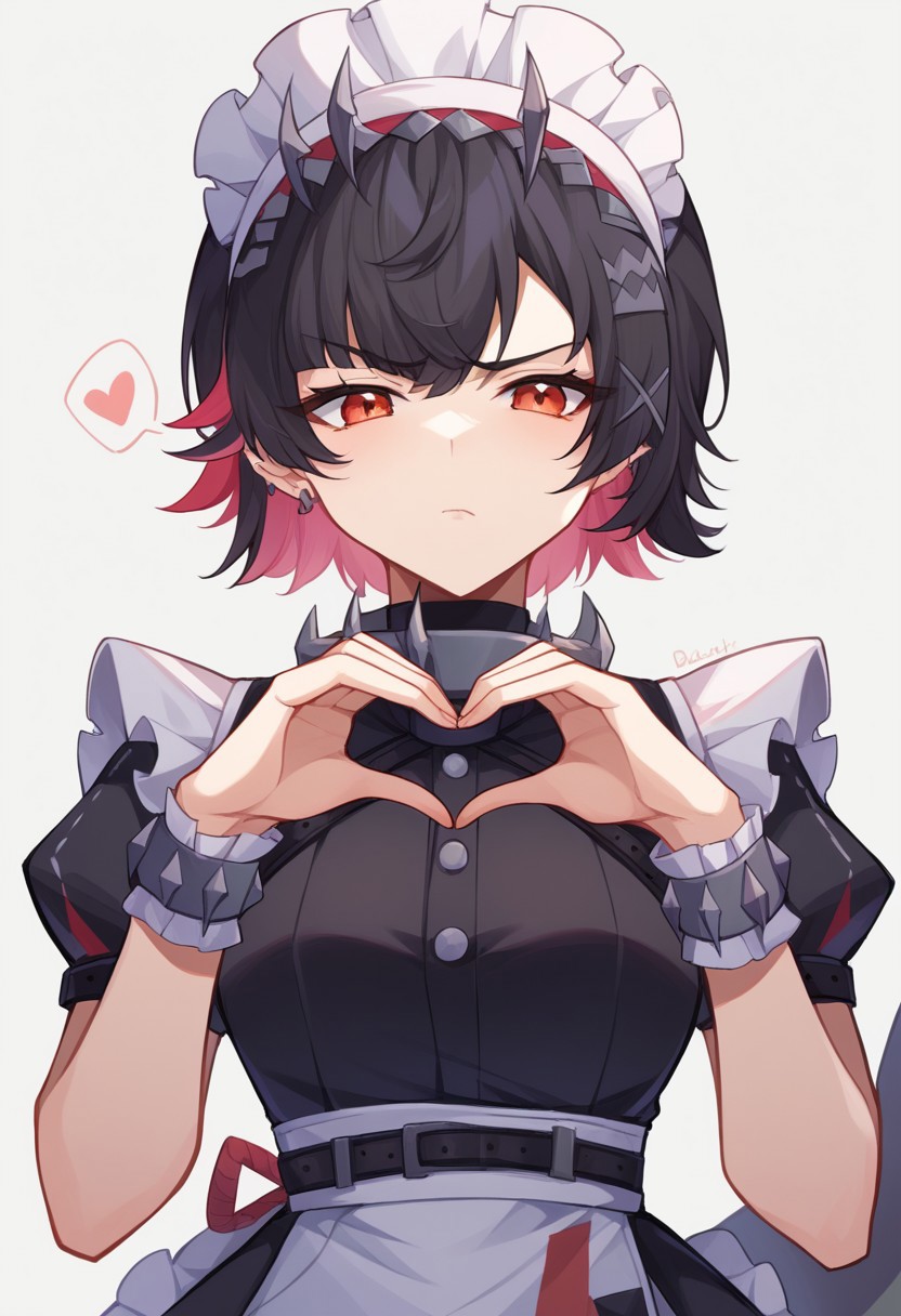 score_9, score_8_up, score_7_up, score_6_up, source_anime BREAK 
1girl, solo, ellenjoe, <lora:ellen-joe-ponyxl-lora-nochekaiser:1>, ellen joe, black hair, colored inner hair, multicolored hair, red eyes, red hair, short hair, two-tone hair, apron, black pantyhose, black shirt, black skirt, ear piercing, fins, fish tail, maid, maid apron, maid headdress, pantyhose, piercing, puffy short sleeves, puffy sleeves, shark girl, shark tail, shirt, short sleeves, skirt, tail, two-tone hair, wrist cuffs, upper body, heart shaped hands, annoyed, lolipop stick in mouth, closed mouth,