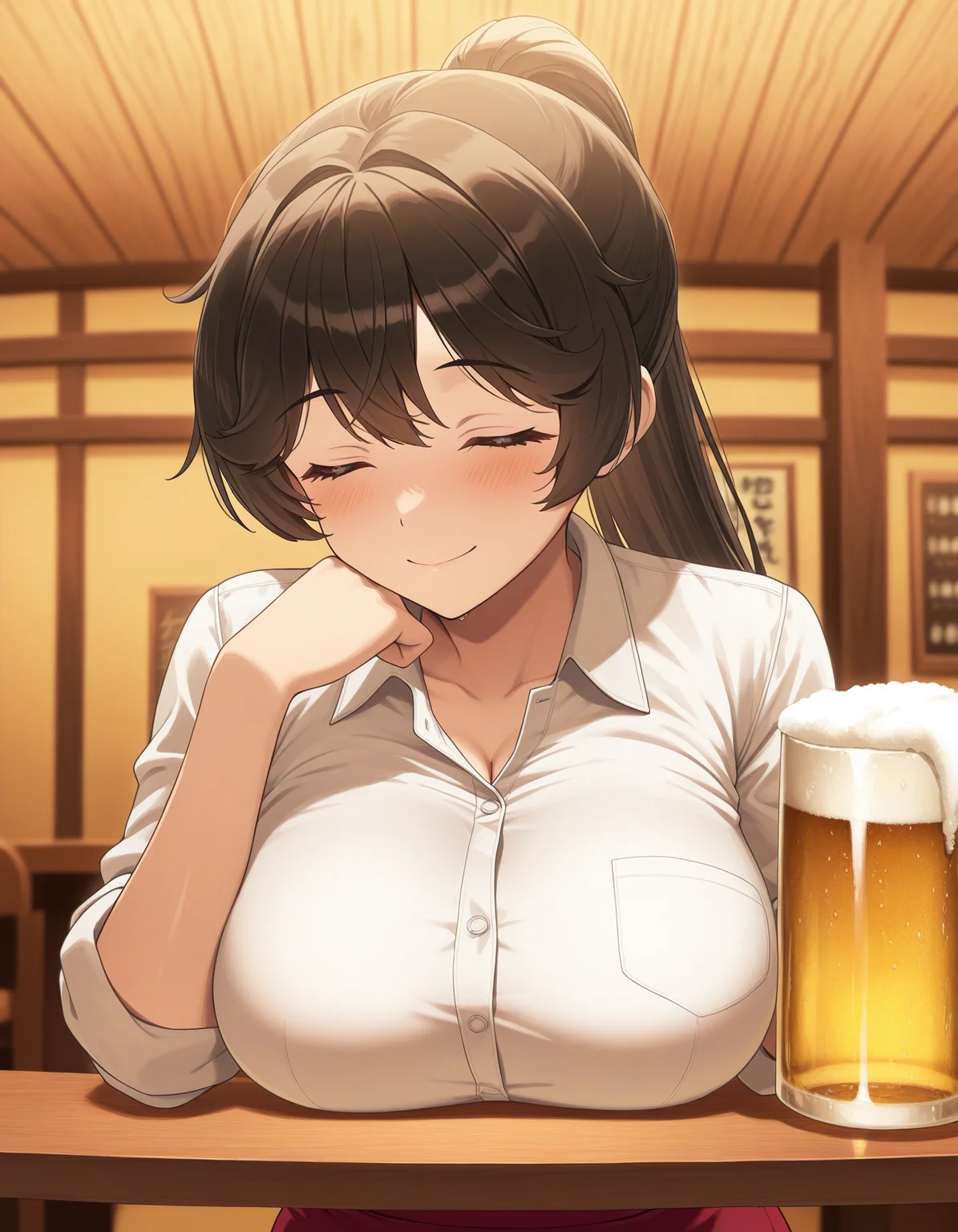 1girl, solo, yamaba yume, black hair, long ponytail, smile, closed eyes, large breasts, white shirt, collared shirt, sleeves rolled up, red skirt, holding cup, huge beer mug, breasts on table, portrait, depth of field, izakaya, indoors, warm theme, low light, masterpiece, best quality, very aesthetic <lora:yamaba_yume_illustrious_v1:0.8>