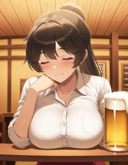 1girl, solo, yamaba yume, black hair, long ponytail, smile, closed eyes, large breasts, white shirt, collared shirt, sleeves rolled up, red skirt, holding cup, huge beer mug, breasts on table, portrait, depth of field, izakaya, indoors, warm theme, low light, masterpiece, best quality, very aesthetic <lora:yamaba_yume_illustrious_v1:0.8>