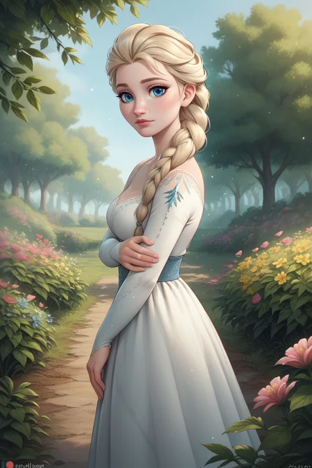 score_9, score_8_up, score_7_up,
<lora:DisneyElsa:0.8>
DisneyElsa, 1girl, blonde hair, blue eyes, braid, looking at viewer, standing in a sunlit garden, surrounded by blooming flowers, soft focus background with bokeh, gentle breeze rustling through leaves, romantic and dreamy ambiance