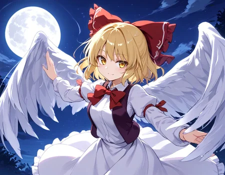 score_9, score_8_up, score_7_up,  <lora:sdxl_lightning_8step_lora:1> BREAK
source_anime, best quality, masterpiece, rating_safe <lora:Copics_v2:0.3:lbw=1,1,1,0,0,0,1,1,1,1,1,1> BREAK ,
1girl, solo,
<lora:genge2_nrm_pony:1> genge2N,gengetsu \(touhou\),
hair bow, blonde hair, yellow eyes, wings, white wings,
puffy sleeves, bowtie, red bowtie, shirt, white shirt, juliet sleeves, vest, long sleeves, white skirt, looking at viewer, side view, wide shot, midair, night sky, moon, full moon,