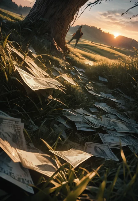 (best quality, 8k, high res, masterpiece:1.2), photorealistic, ultra-detailed, vibrant photography of a picturesque money orachard at sunset, wads of hunded dollar bills grow from gorgeous tree heaviy with ripe cash-rolls, dollars line the lush grasses of the meadow, beauty and abundance of nature in exquisite detail. (dynamic angle, cinematic lighting, ethereal atmosphere:1.1), (extremely detailed:1.2), (vivid colors:1.3), (perfect composition:1.2), (sharp focus, stunning realism:1.2)