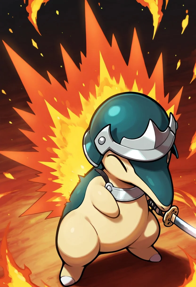 masterpiece, best quality, no humans, solo, zzCyndaquil, wearing samurai armor on torso, samurai helmet, holding katana, standing firm in a moonlit clearing, back flames erupting in a fiery burst as it braces for a charge, , <lora:CyndaquilPokedex_IXL:1.0>,