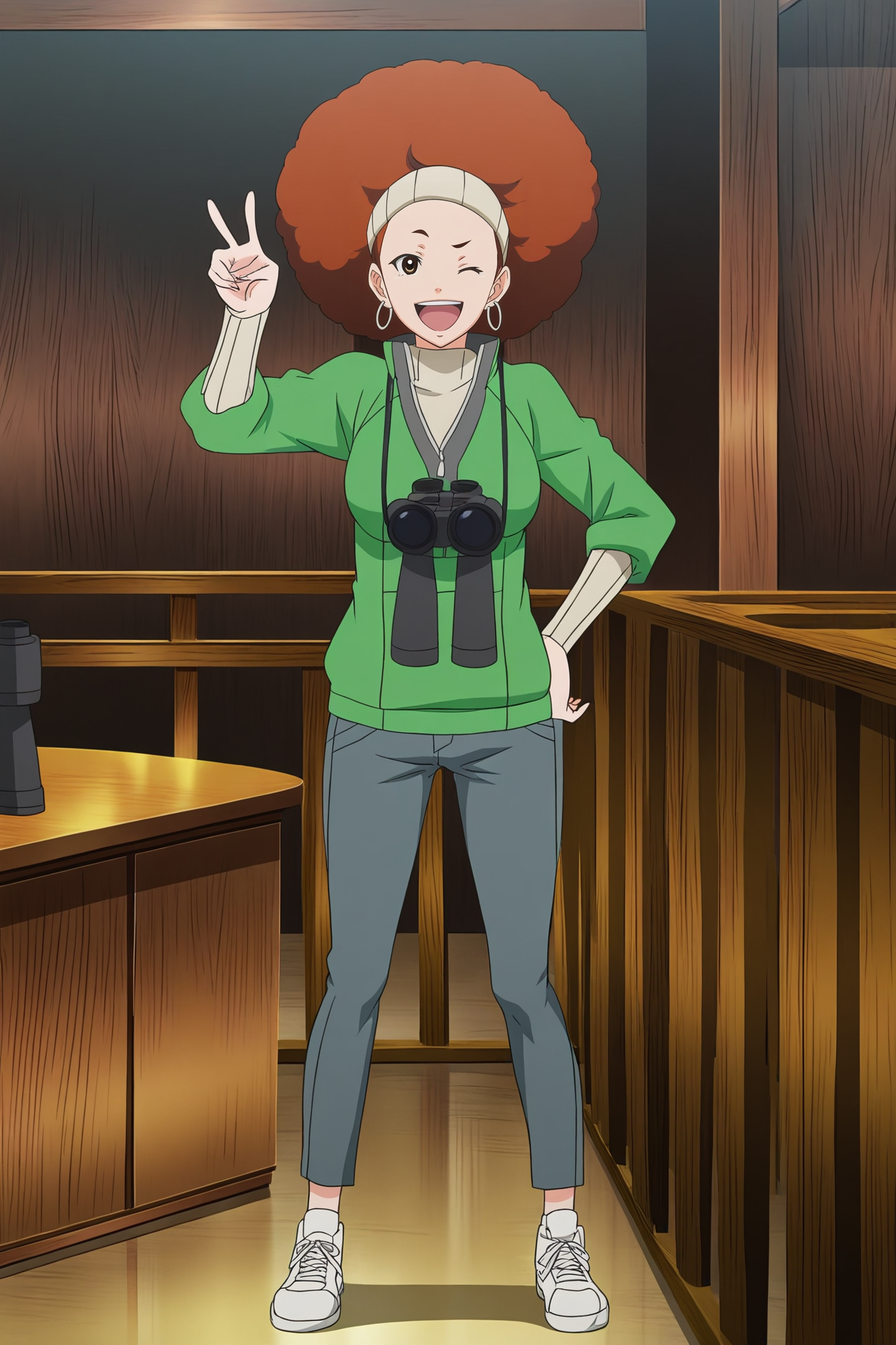 anime screencap,anime coloring,detailed face,masterpiece,best quality,very aesthetic,absurdres,volumetric lighting,official style,amazing quality,ultra detailed,highres,amazing quality,scenery,beautiful detailed hair,beautiful detailed eyes,<lora:Oosawagi Natsumi-IL V1:1>,Oosawagi Natsumi,afro,solo,earrings,jewelry,binoculars,1girl,medium breasts,sweater,brown hair,brown eyes,hoop earrings,pants,white footwear,looking at viewer,v,:d,one eye closed,