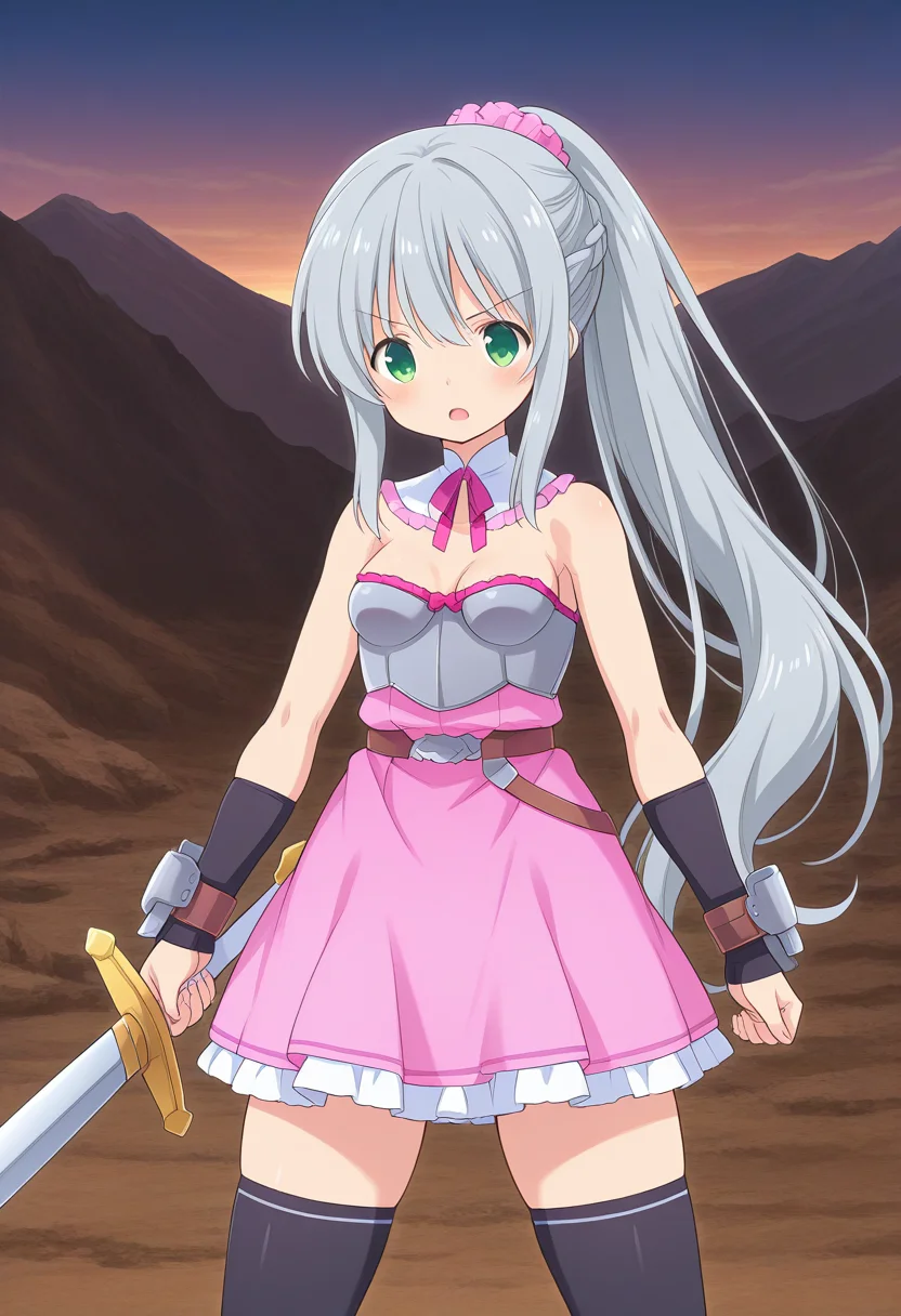 1girl, solo, lalaciellalanciel, grey hair, very long hair, braid, ponytail, hair scrunchie, green eyes, detached collar, strapless dress, medium breasts, armor, arm_guards, bracers, breastplate, black thighhighs, standing, cowboy shot, outdoors, mountains, holding sword, open mouth, serious, fighting stance, straight on, facing the viewer,