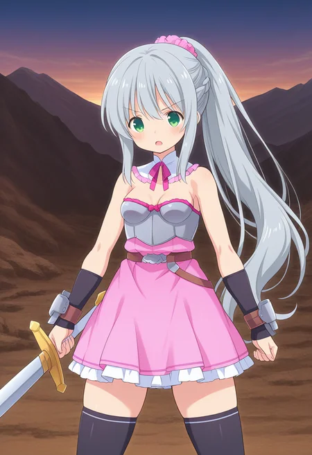 1girl, solo, lalaciellalanciel, grey hair, very long hair, braid, ponytail, hair scrunchie, green eyes, detached collar, strapless dress, medium breasts, armor, arm_guards, bracers, breastplate, black thighhighs, standing, cowboy shot, outdoors, mountains, holding sword, open mouth, serious, fighting stance, straight on, facing the viewer,