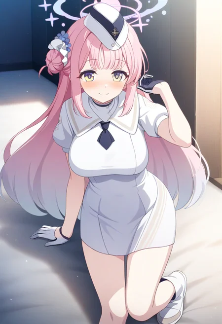game cg, 1girl, solo, operator uniform, mika \(blue archive\), pink hair, long hair, halo, smile, white garrison cap, neckerchief, short jacket, white dress, short necktie, puffy short sleeves, large breasts, half gloves, white short boots, <lora:utnapishtim_operator_ag3.1:0.8>