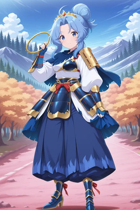 absurdres, highres, masterpiece, best quality, amazing quality, official anime artwork, screencap, anime screencap, outdoors, looking at viewer, 
 <lora:Ichirin-Kumoi_Illustrious:1> kumoi ichirin, 1girl, solo, blue eyes, blue hair, long hair, hair bun,, alternate costume, alternate hairstyle, gold tiara, armor, white short, puffy long sleeves, blue cape, torn cape, blue pants, hakama pants, baggy pants, blue gloves, fingerless gloves, gold trim, armored boots, blue boots, high heel boots, japanese armor, muneate, vambraces, faulds, hoop,