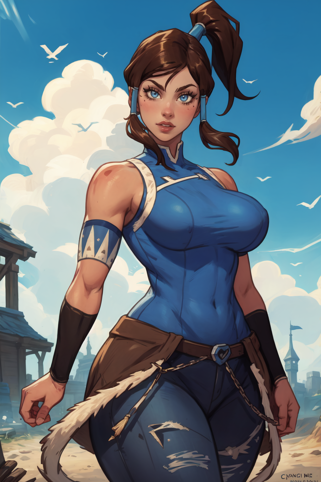 1girl, (solo:1.2), (cowboy shot:1.2), (looking at viewer:1.3),
<lora:Korra [justTNP - v1.0]:1> korra, dark skin, (dark-skinned female:1.2), pants, ponytail, hair tubes, sleeveless, bare shoulders, brown hair, blue eyes, toned, (muscular female), (large breasts:1.2), curvy
BREAK <lora:CyanCapsule [MockAi - v1.0]:0.85> cyancapsule, western artstyle, (painterly style:1.4), (vibrant colors), (soft lineart:1.2), (blurry lineart), vivid
BREAK intricate details, (masterpiece:1.3), (best quality:1.3), (perfect anatomy:1.4) BREAK, (beautiful white clouds:1.3), puffy clouds, white sky
