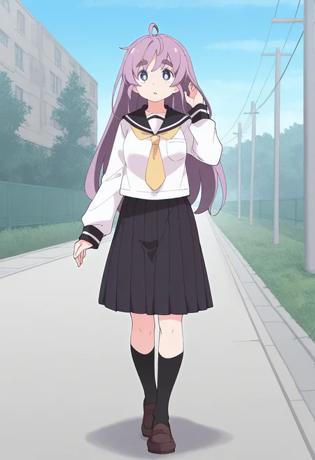 1girl, solo, rinlilustea, purple hair, long hair, ahoge, thick eyebrows, blue eyes, shirt, long sleeves, sailor collar, yellow necktie, skirt, black socks, loafers, school uniform, outdoors, campus, hand on hair, walking, parted lips,