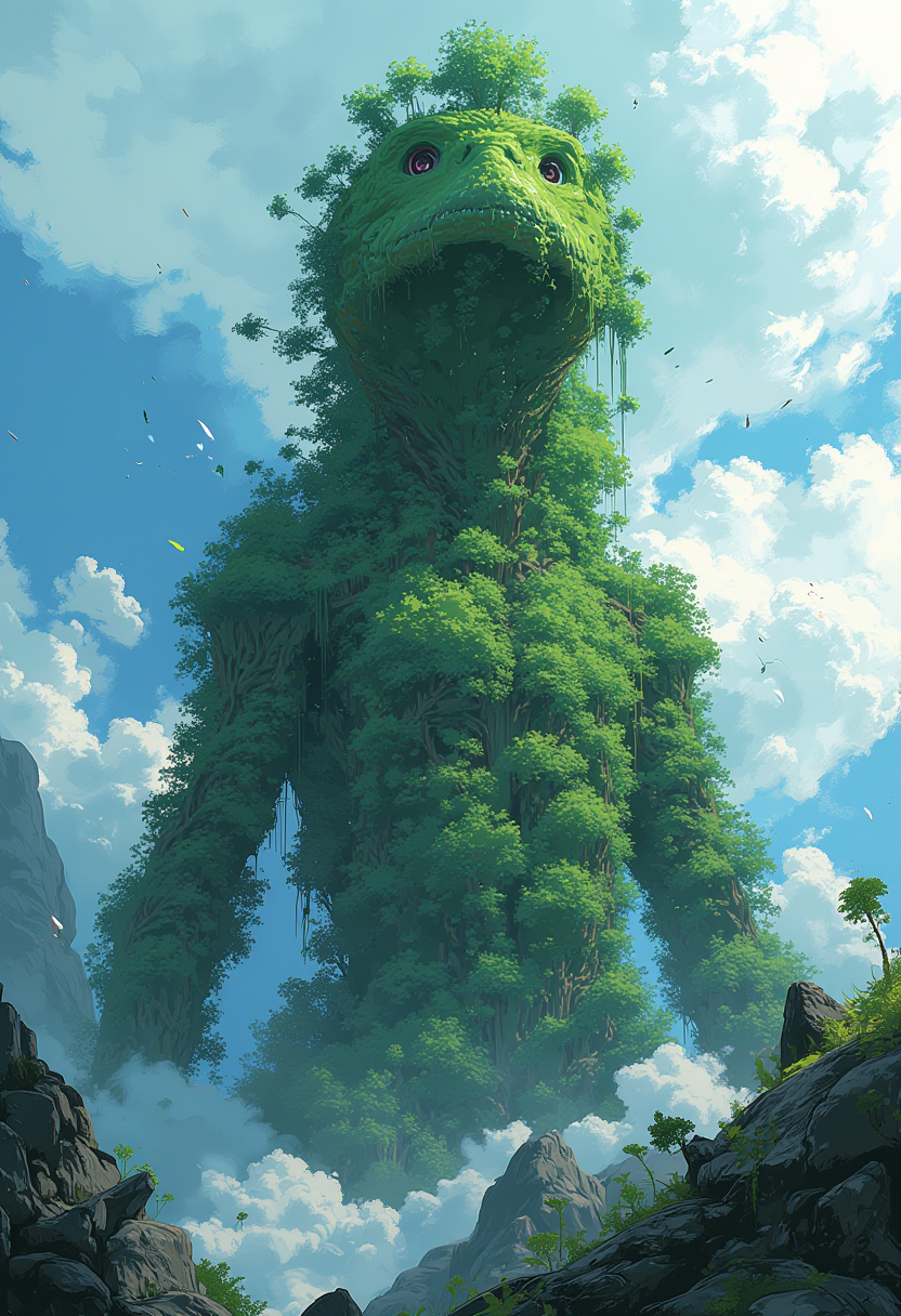 digital artwork, creature covered in trees and greenery towering over a mountain range,  strange angle, clouds, shadows, beautiful, awe inspiring, detailed, high resolution, drawing, side view, fantasy, epic scale , beautiful day, artistic concept art with fine chaotic brush strokes,    <lora:MJanime_flux_lora_v2:1>