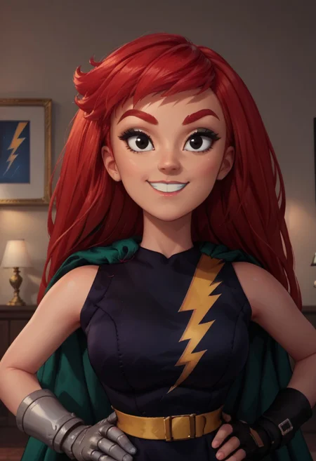 ((room background)),score_9, score_8_up, score_7_up,score_6_up,
1girl, Solo, Lex_Lightning, red hair, large hair, black eyes, black eyeshadow, red eyebrows, black dress sleeveless, yellow lightning bolt symbol in dress, yellow belt, black short skirt, green cape, black boots, robotic hand in right hand, black fingerless glove in left hand, cute, tall stature, social smile, perfect eyes, perfect smile, looking at the viewer, detailed eyes, perfect eyes, standing, big breasts (front pose, front view, bust shot) five fingers, perfect hands, hands on hips