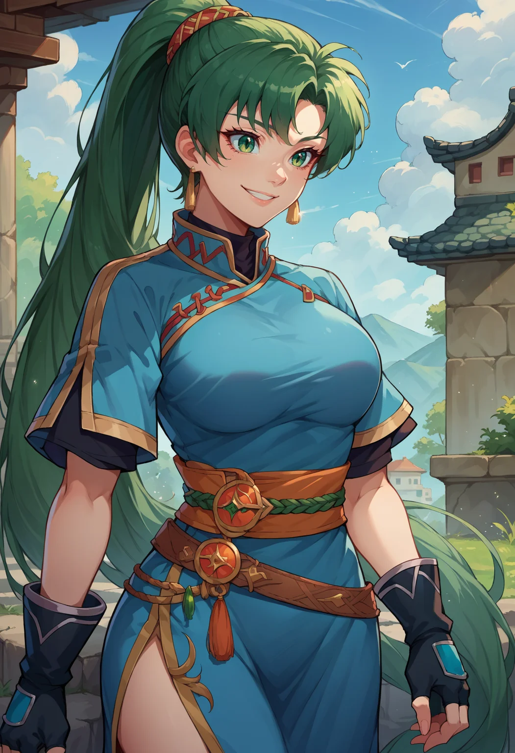 score_9, score_8_up,score_7_up, source_anime, 1girl, solo, <lora:EPfeLynPony_epoch_7:1.0>, EPfeLyn, green hair, green eyes, long hair, high ponytail, jewelry, dress, large breasts, blue dress, black gloves, earrings, short sleeves, smile, side slit, fingerless gloves, belt, outdoors,