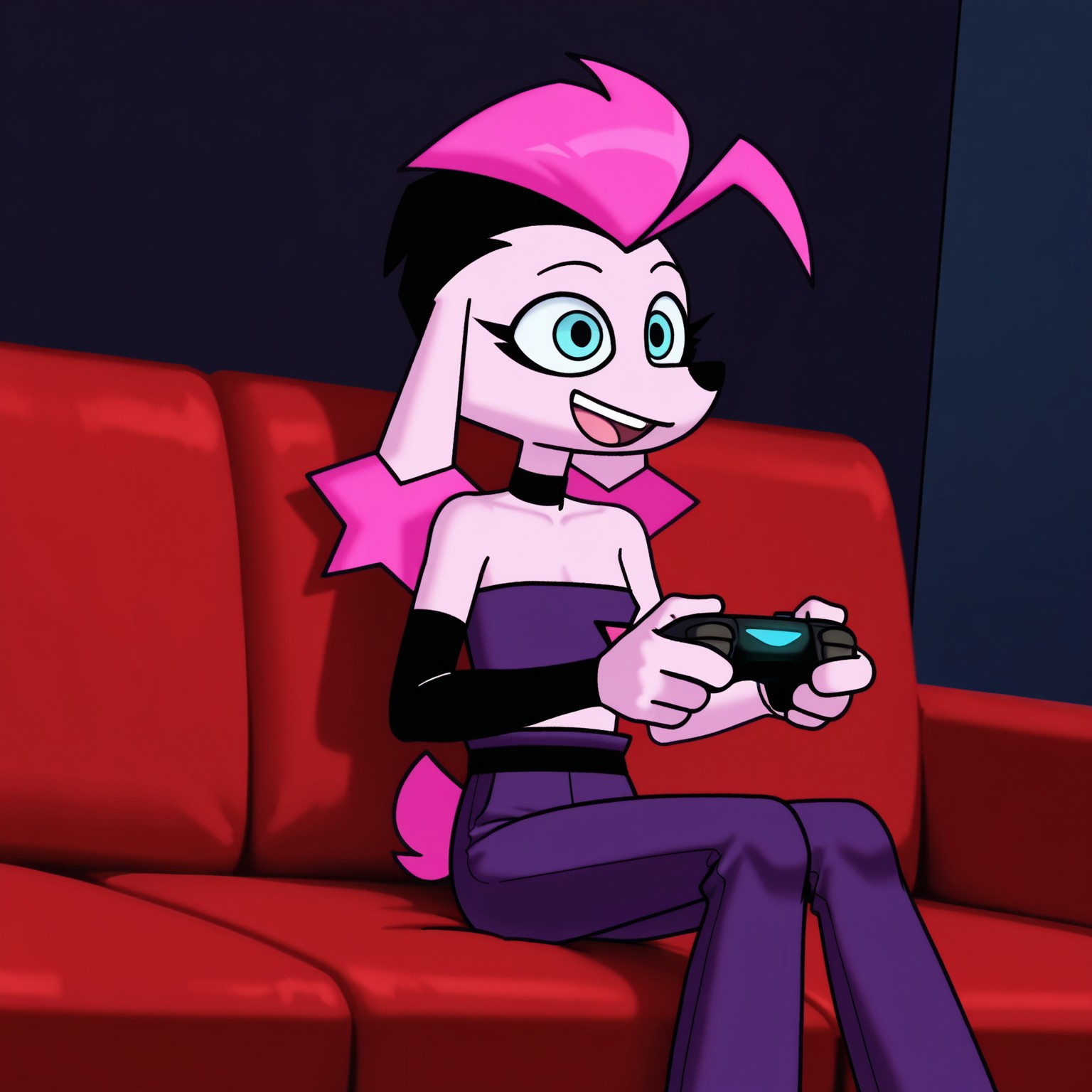 8k, masterpiece, best quality, highly detailed, realistic, 1girl, solo, FifiDS, female furry, anthro, canine, dog, poodle, pink hair, black hair, two tone hair, black eyebrows, thin eyebrows, black nose, floppy ears, blue eyes, black pupils, light-pink skin, pink tail, short tail, flat chested, purple topwear, strapless top, purple pants, black choker, single black arm warmer, sitting, living room, red couch, dark room, dutch angle, front view, detailed background, ((4 fingers, playing video game, controller in hand)), wide eyes, feet out of frame, indoors, open mouth, teeth, happy, smile