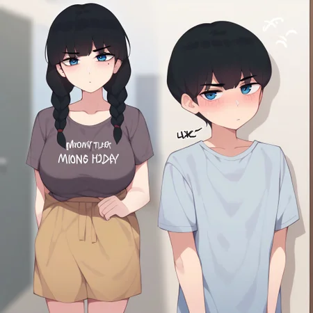 lora:pepper0V1_r1:1>, large breasts, 1girl, braid, hetero, black hair, original, blue eyes, twin braids, blunt bangs,  eyebrows visible through hair, long hair, mole under eye, collarbone, blush, solo focus, loose oversized shirt, baggy T-shirt, bottomless, sweaty, hot day, bored expression, closed mouth, standing, , morning, short boy, high girl, pesters her, l i t t l e boy, plot, before and after, before she is angry and hit him on head, after she is coping with bearing him, 1boy,  before she is angry and wild eyes, after she is so kind and pretty, (((morning and evening))), (((she is asking for buzz))), (((buzz text))), (((text: buzz me please)))