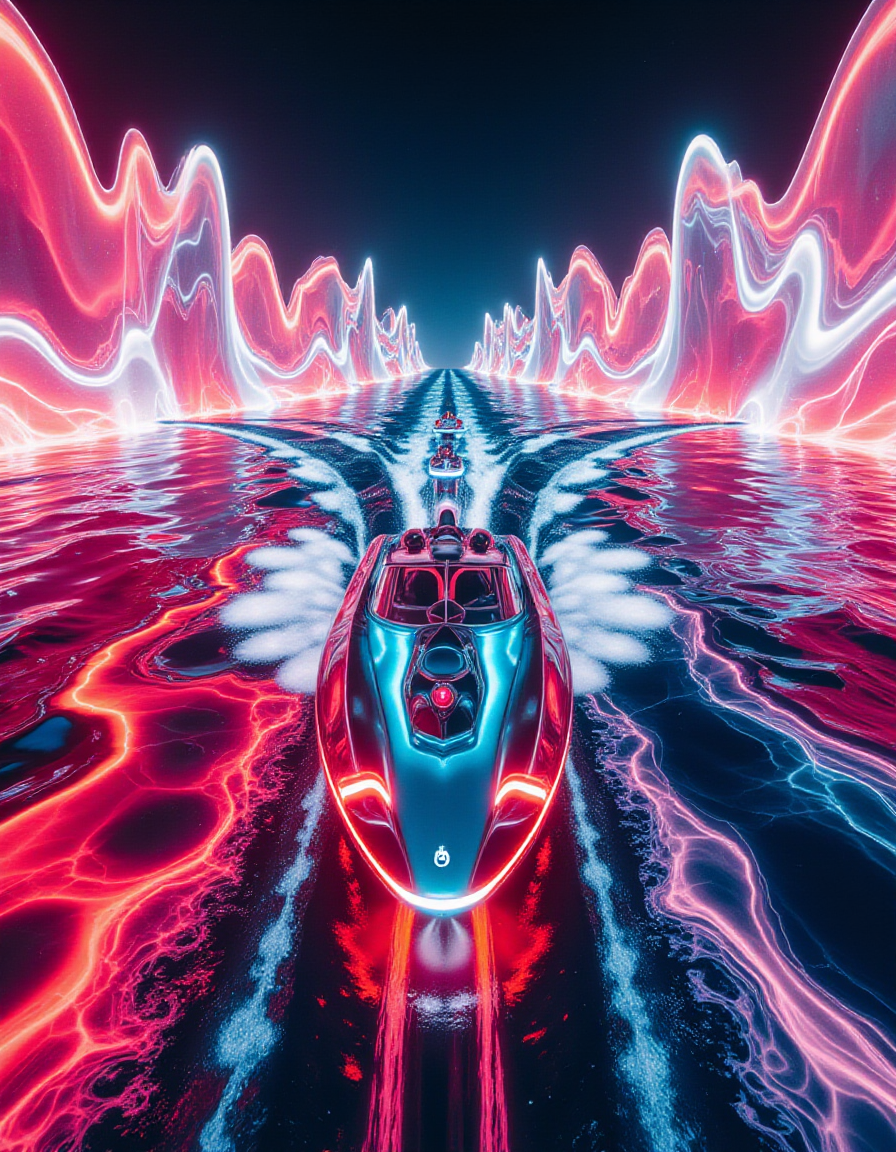 A futuristic powerboat race where the entire waterway is composed of Liquid Marble, shifting in iridescent reds, neon pinks, and cyberpunk blues. As the boats speed past, their wakes explode into sound-reactive, color-shifting waves, bending reality with every turn. The iPhone captures the racers appearing as if theyâre gliding across a glowing, living soundscape.
<lora:Synthesia_v2:0.75>  <lora:ral-lqdmrbls-flux:0.75>