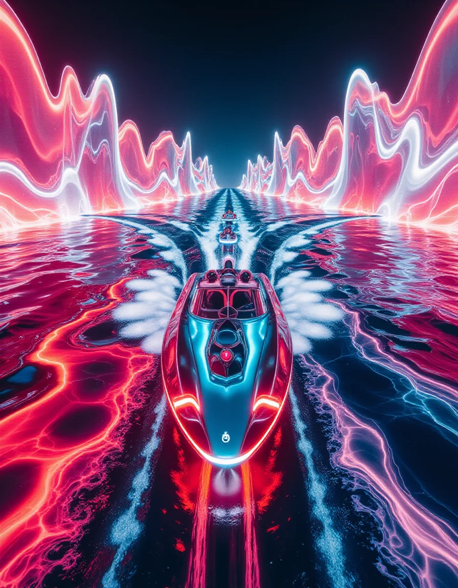 A futuristic powerboat race where the entire waterway is composed of Liquid Marble, shifting in iridescent reds, neon pinks, and cyberpunk blues. As the boats speed past, their wakes explode into sound-reactive, color-shifting waves, bending reality with every turn. The iPhone captures the racers appearing as if theyâre gliding across a glowing, living soundscape.
<lora:Synthesia_v2:0.75> <lora:ral-lqdmrbls-flux:0.75>