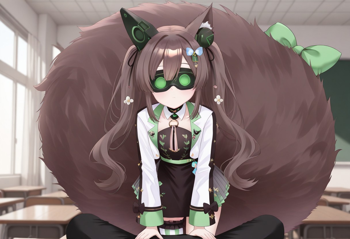 highres, masterpiece, best quality, very aesthetic, absurdres, (1girl),1boy, chigusa hana, solo, virtual youtuber, long hair, brown hair, twintails, animal ears, hair between eyes, green eyes, hair ornament, cropped jacket, long sleeves, white jacket, collar, flower, black dress, pleated skirt, large tail, bridal garter, striped, single thighhigh, asymmetrical legwear, tail bow, empty eyes, cowboy shot, expressionless, school, classroom, leaning over viewer, looking at viewer, (memetic_control), pov_sub, (hypnotized_hypnotist),, (hypnotized_dom), resisting, visor, covered eyes, , hypnotic_screen, tech_control, femdom, male sub, (kronobas28),