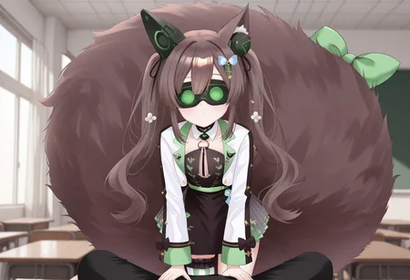 highres, masterpiece, best quality, very aesthetic, absurdres, (1girl),1boy, chigusa hana, solo, virtual youtuber, long hair, brown hair, twintails, animal ears, hair between eyes, green eyes, hair ornament, cropped jacket, long sleeves, white jacket, collar, flower, black dress, pleated skirt, large tail, bridal garter, striped, single thighhigh, asymmetrical legwear, tail bow, empty eyes, cowboy shot, expressionless, school, classroom, leaning over viewer, looking at viewer, (memetic_control), pov_sub, (hypnotized_hypnotist),, (hypnotized_dom), resisting, visor, covered eyes, , hypnotic_screen, tech_control, femdom, male sub, (kronobas28),