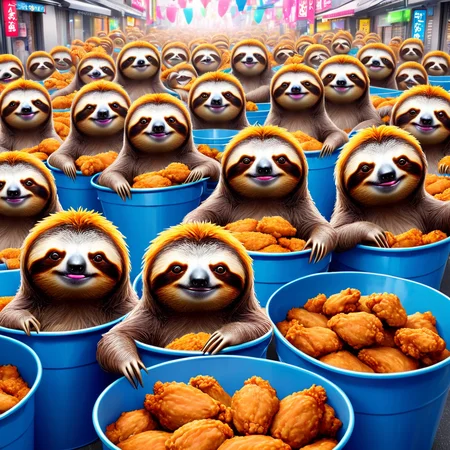 manga style <lora:sl0th-000004:0.6> sl0th, sloths wearing cat costumes, celebrating with buckets of fried chicken, vibrant, high-energy, detailed, iconic, Japanese comic style