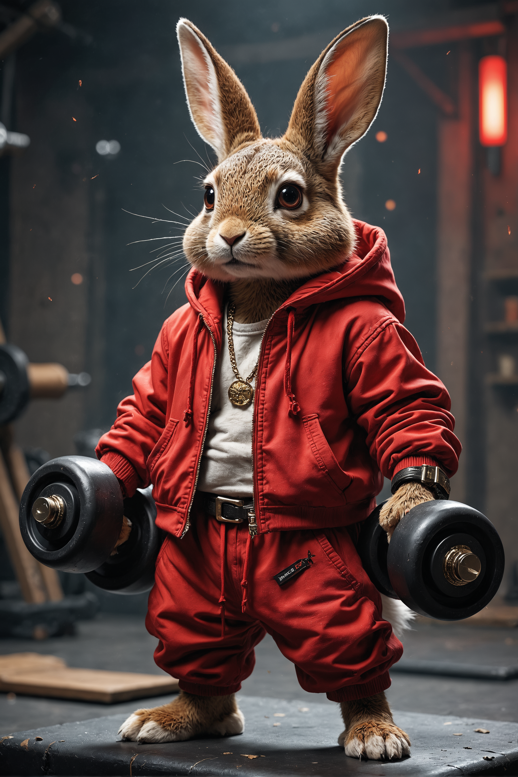 macro camera, illustration of a cool fuzzy, Rapper bunny, Wearing  a cool red Colored Hip-Hop Jogging suit, The bunny is Holding one big dumbbell and is in a Fitness Studio, fantasy art, intricate details, style Jean - Baptiste Monge, style Alan Lee, anthropomorphic squirrel , scene from a movie, dramatic shot angle, atmospheric particles, Real, raw cinematic photorealism, action portrait, 8k, detailed, centered, full frame, depth of field