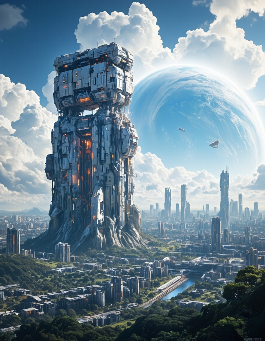 <lora:SWL_Stations1v2flux:1>  lostst1,  huge station, impressive scientific complex, impressive scientific tower, enormous, metallic, cyberpunk, science fiction, lights, aeial view, cyberpunk city, cityscape, clouds, spaceships, huge planet half hidden by clouds in the far background, vegetation,
