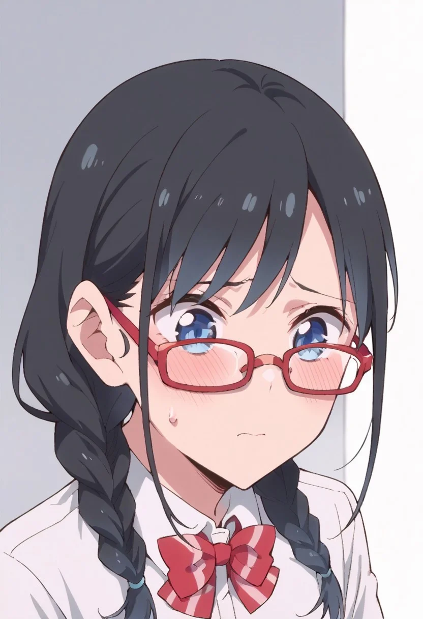 score_9, score_8_up, score_7_up, source_anime,nanakura rin, black hair, blue eyes, long hair, 1girl, glasses, solo, braid, blush, school uniform, twin braids, red-framed eyewear, jimiko, bow, bowtie, sweatdrop