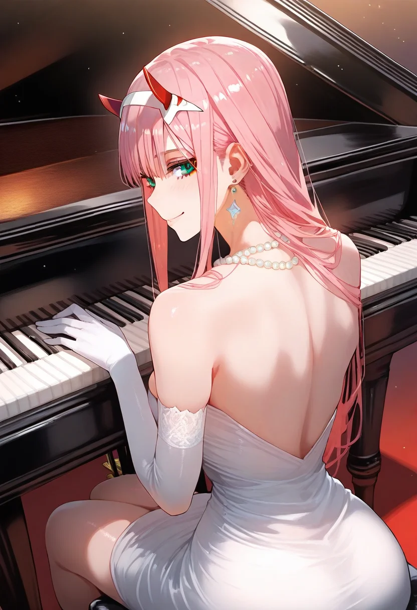 masterpiece, best quality, absurdres, vibrant, highly detailed, nsfw, <lora:TRT(Illust)0.1v:1>,
1girl, long hair, gloves, solo, horns, zero two (darling in the franxx), dress, piano, jewelry, elbow gloves, pink hair, white gloves, earrings, instrument, white dress, breasts, looking at viewer, bare shoulders, strapless dress, green eyes, straight hair, music, necklace, red horns, pearl necklace, medium breasts, closed mouth, strapless, looking back, smile, sitting, aqua eyes, playing instrument, from behind