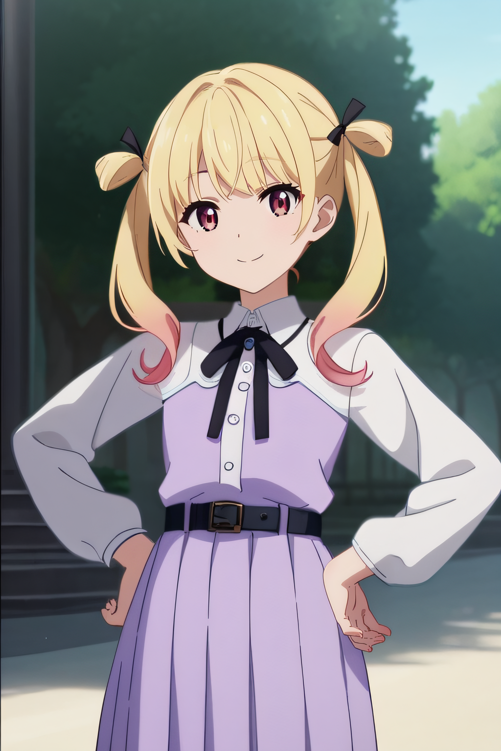score_9, score_8_up, score_7_up, source_anime, rating_safe, intricate details, anime screencap, official style, 1girl, <lora:Sonou_Momoka:1>, momoka, blonde hair, multicolored hair, black_hair_ribbons, small hair rings, pigtails, burgundy eyes, flat chest, collared shirt, light purple dress, pleated dress, black neck ribbon, black belt, long sleeves, white sleeves, hands on hips, standing, looking at viewer, smile cowboy shot, outdoor