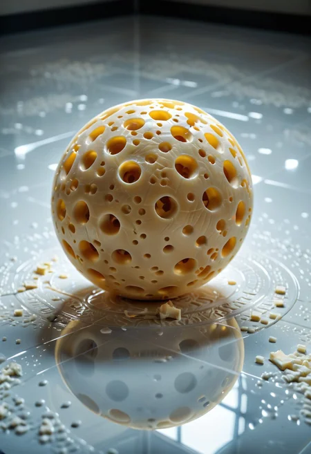 lazypos, Cheese style, sphere made of cheese, reflective white floor,