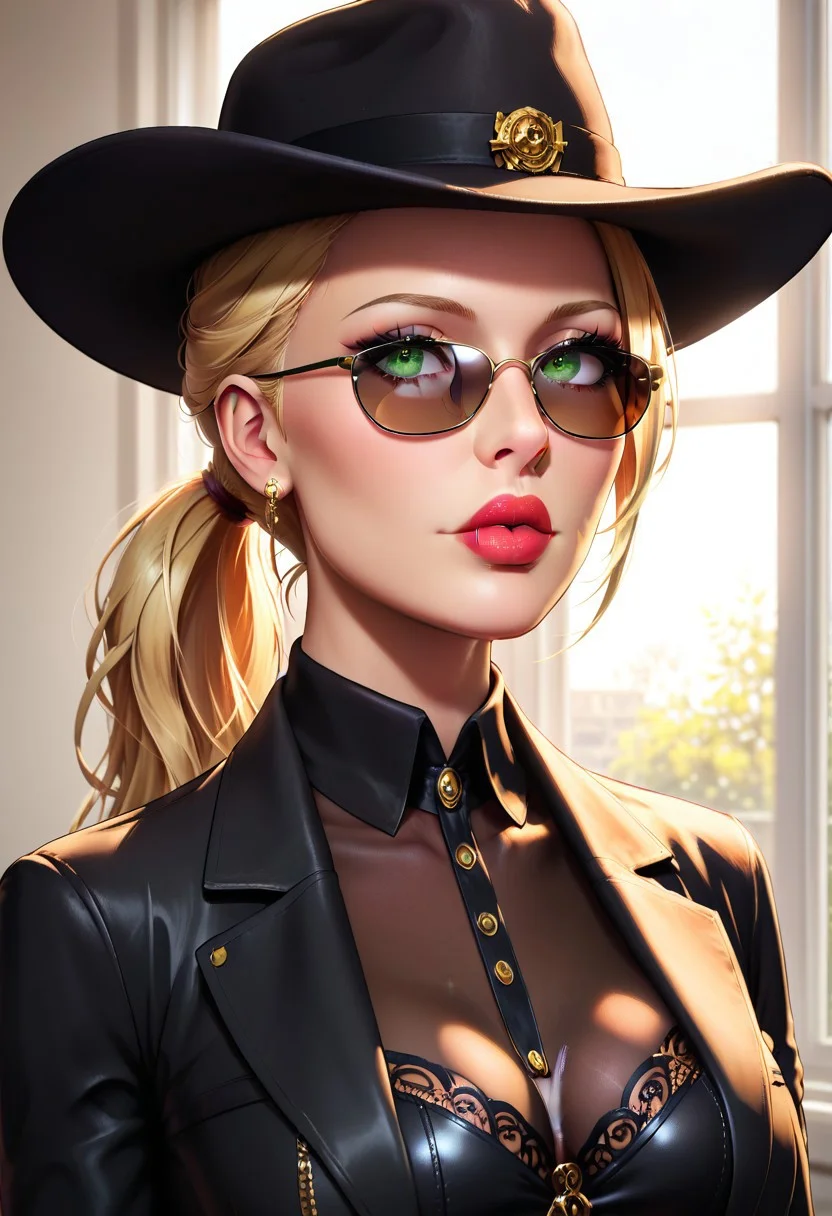 score_9, score_8_up, score_7_up,wide shot,detectiveincog: A mature woman, (beautiful detailed eyes, beautiful detailed lips, extremely detailed eyes and face, long eyelashes), blonde hair in a ponytail, wearing a white button-up blouse with an open collar,a fedora, black trench coat, black pants, and black heeled boots, (black square frame sunglasses, tinted glasses, sunglasses:1.2), (fair skin, green eyes:1.1), (best quality, 4k, 8k, high resolution, masterpiece:1.2), ultra-detailed, (realistic, photorealistic, photo-realistic:1.37), cinematic lighting, dramatic shadows, high-end fashion photography
--chaos 100 <lora:DetailMaximizer:1>,<lora:xl_more_art-full_v1:1> <lora:add-detail-xl:1.0> -- ar 9:16 , -- Chaos 100