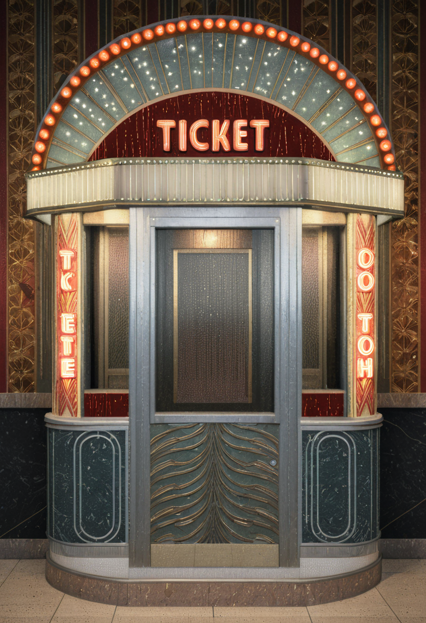 <lora:3D_Movie_Maker_XL:1.1> A nostalgic art deco-style theater ticket booth with bright marquee lights and geometric patterns capturing a vintage charm and opulent design