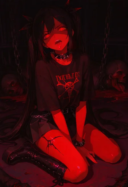 masterpiece, best quality, amazing quality, very aesthetic, absurdres, newest, studio lighting, 1girl, (hatsune miku:0.5), solo, red eyes, glowing eyes, ringed eyes, black hair, [high twintails], very long hair, sidelocks, black shirt, (black metal, corpse_paint), black pleated skirt, black belt with chains, black studded_bracelet, spiked collar, black hair_ribbons, high platform boots, laced boots, \n/, v-shaped eyebrows, open mouth, tongue out, indoors, black background,