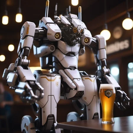 Distric9Mech1024, a mech robot, holds a beer, in a pub, highly detailed, photography, ultra sharp, film, bokeh, professional, 64k <lora:Distric9Mech1024-000500:0.8>