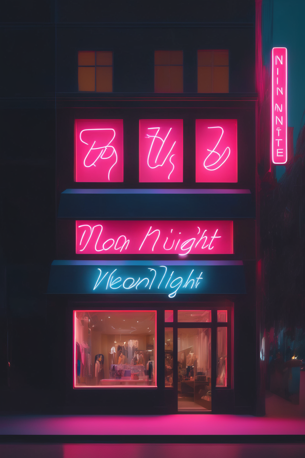 <lora:Neon Night:1>Neon Night - a high-end fashion boutique with a neon sign showcasing its logo