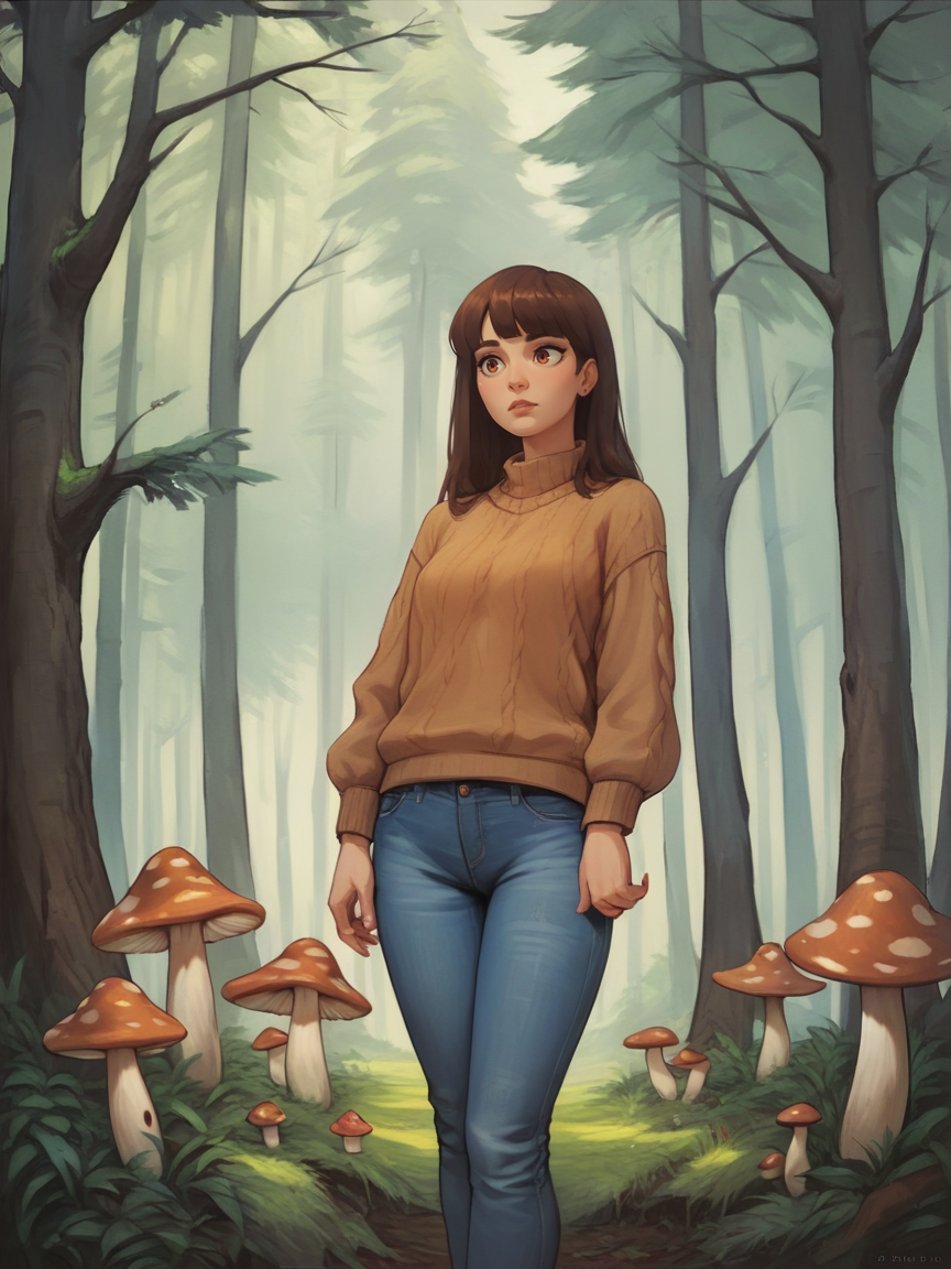 score_9. score_8_up, score_7_up, score_6_up, score_5_up, score_4_up,  <lora:3m1lyc4rrXLP:0.5> 3m1lyc4rr, forest, 1girl, mushroom, jeans, sweater