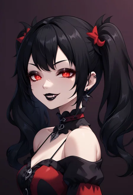 score_9, score_8_up, score_7_up, score_6_up, (haaru),concept art, digital artwork, highly detailed, sharp focus, portrait, tomokop5x, black hair, long hair, twintails, <lora:princess_xl_v2:0.3>, <lora:VampirePonyLora:0.9> vampire, red eyes, glowing eyes, fangs, <lora:Gothic:1>, GothicC, makeup, black lipstick, mascara, black nails, gothic dress, black dress, red dress, covered shoulders, fishnet, half closed eyes, smug, evil smile, dark background