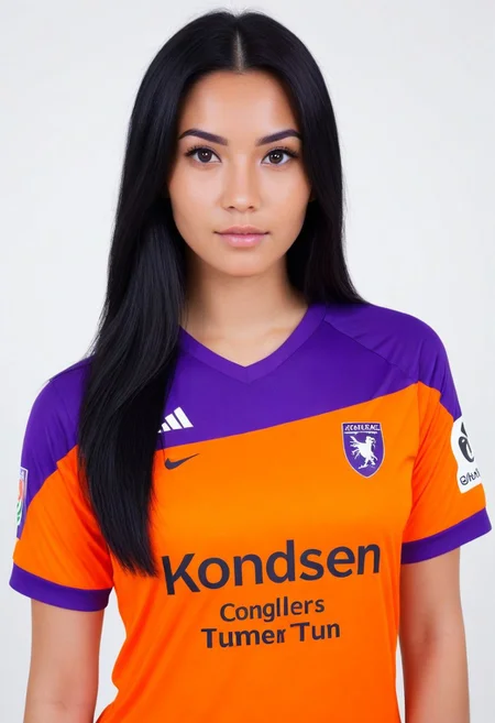 photo of a girl with long black hime cut hair, pretty face, looking at viewer. simple background, white background.
(wearing soccer_jersey, purple theme, orange theme, english text).