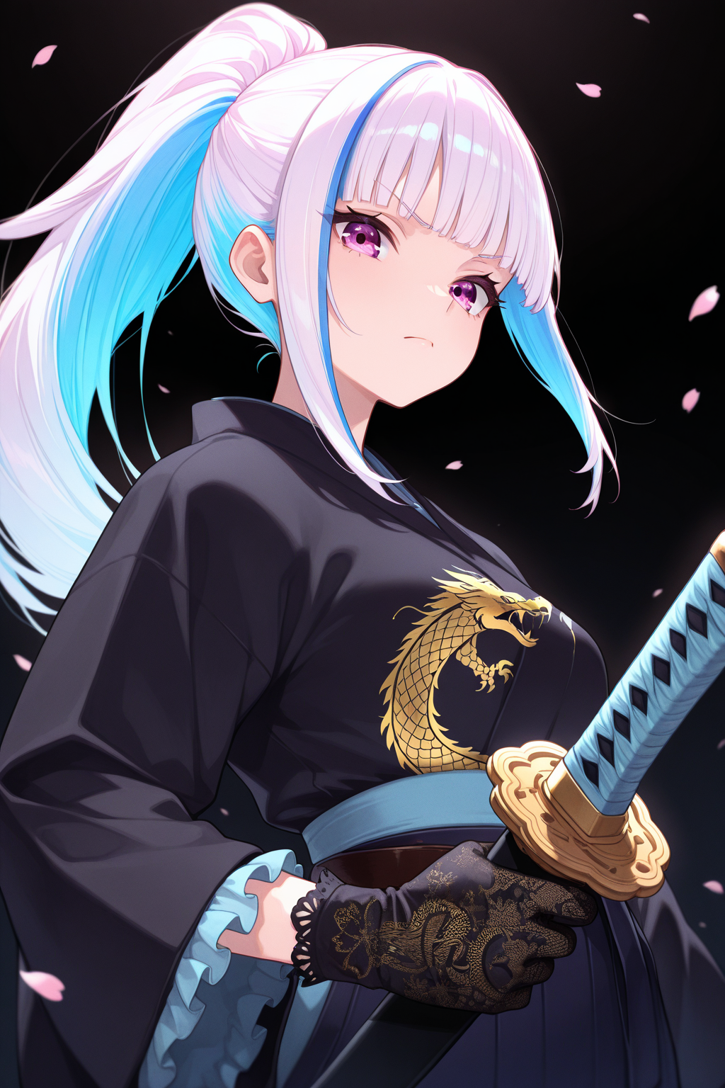 1girl, LizeHelestaNijisanji, 
general, solo, perspective, from below, upper body,
long hair, ponytail, eyelashes, 
no hair ornament,
yakuza,black kimono, 
dragon print,
long sleeves, frilled sleeves, lace-trimmed gloves,
looking at viewer, serious,
wearing sword, 
simple background, black theme, cherry blossoms, depth of field,
<lora:kp_LizeHelestaNijisanji4thCostumeIllustrious_v1_0:1.0>,
masterpiece, best quality, amazing quality