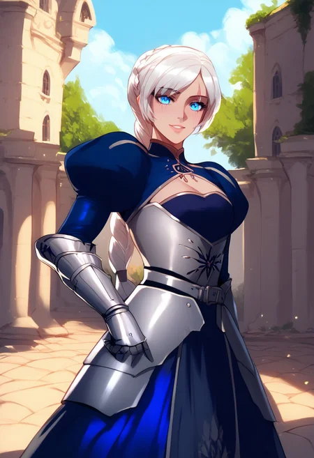 (score_9, score_8_up, score_7_up, high quality, best quality, ultra-detailed, very aesthetic, illustration, perfect composition, intricate details, absurdres, high res image, masterpiece, vibrant colors, beautiful face, detailed face, 1girl, solo focus, perfect eyes, detailed eyes), female, weissatlas, scar across eye, blue eyes, long hair, blue eyes, braided ponytail, pale skin, full lips, large thighs, perfect body, fit body, voluptuous, medium breasts, curvy body, narrow-waisted, wide hips, (breastplate, blue dress, gauntlets, juliet sleeves, faulds), (teasing expression, small smile, suggestive pose), (outdoors, castle, fantasy, medieval architecture)