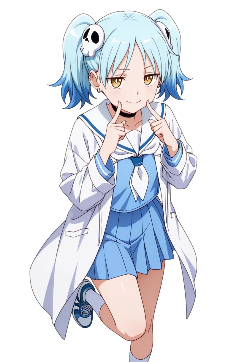 masterpiece,high quality details, absurdres,
<lora:Izutsumi_Marín:0.8>
izutsumi_cnr, 1girl, blue hair,yellow eyes, multicolored hair, skull hair ornament, twintails, black choker,ear piercing,
white sailor collar, blue serafuku, blue shirt,blue skirt,labcoat, white socks, sneakers,, simple background, white background, front view,solo,, fingersmile,pensive,, x3,, ultra realistic, high detailed skin,