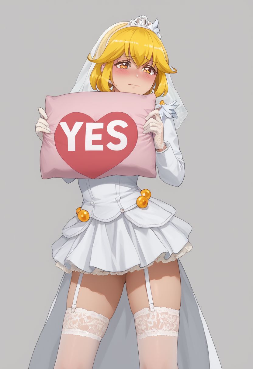 rating_all, score_10, score_8_up, score_7_up, best quality, masterpiece,   shiny skin,
<lora:curepeace.pony:1>,
curepeace, yellow hair, from below,looking at view,ruanyi0634, bridal veil,choker,garter belt,hair flower, yellow lace gloves, yellow lace-trimmed legwear,see-through,long sleeves,, Seen from the side,blush, embarrassed ,
 yes-pillow, yes-no pillow heart, pink pillow, pillow<lora:yes-no_pillow:1>