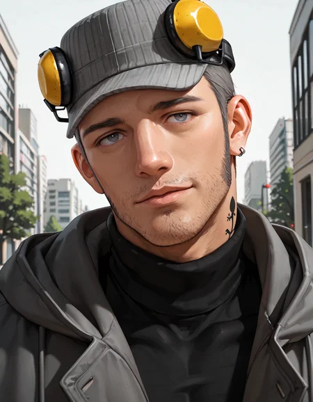 masterpiece, best quality, absurdres, newest, perfect quality, best quality, absolutely eye-catching, detailed background, intricate details, male focus, realistic, solo, <lora:Persona 5 - Munehisa Iwai - Illustrious 2_1-000006:0.7>, m_iwai, 1boy, mature male, grey hair, grey eyes, long sideburns, stubble, neck tattoo, pinstripe hat, ear protection, grey long coat, black turtleneck, hood down, head tilt, come hither, looking at viewer, outdoors, city, trees, portrait, standing, head tilt