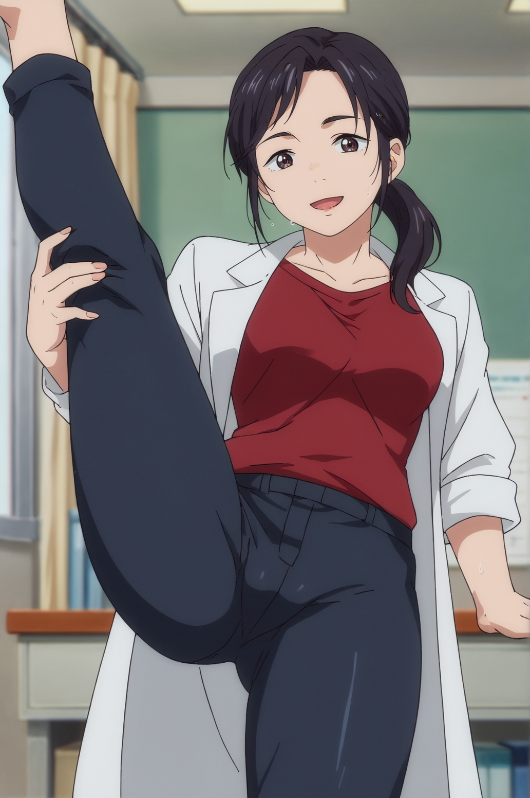 score_9, score_8_up, score_7_up,anime_source, source_anime, best background, detailed background, anime screencap,  Kurashiki, leg up, lift leg, cameltoe, wet, happy, lab coat, red shirt, shirt, black pants, solo, indoors, horny, <lora:Jn_Usako_Kurashiki:0.8>