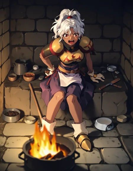 score_9,  score_8_up, score_7_up <lora:rita-ponyxl-000025:1> wwrita, red eyes, white hair, ponytail, dark-skinned female, shoulder armor, breastplate, navel, purple skirt,
boiling, brick wall, bubble, campfire, cooking, dungeon, excited, open mouth