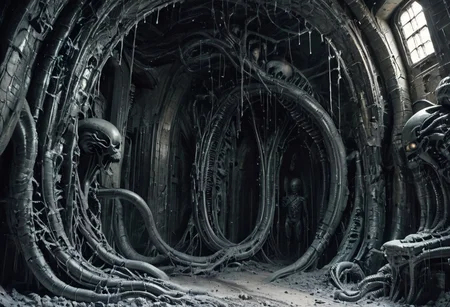 birthing room, cold, destitute, highly detailed, abandoned factory, enormous, metallic walls echo with the haunting hum of machinery long silenced, nightmares of cosmic gods, elongated limbs write with pulsating veins, translucent skin pulled tight over skull, cryogenic eggs laqurered in obsidian, network of luminescent tendrils, eyes multifaceted, unblinking, conveyor belt snakes through as eggs the size of a small car, are pushed out, gigantic, slick shiny black and grey, epic, collosus, megalomania, a grotesque nasty nightmarish queen, ventilator, forced to birth, giving birth to hundreds of grotesque beings, drones, scuttering, epic, mass of flesh, transparent eggs, veiny membrane, two scientists taking observing, taking note, tentacles, transparent slime, breathing tubes, skip clip:773, energy leech, tiny scientists are observing taking notes, latched on eggs with embryo, style of H. R. Giger,
Highly detailed. FRESHIDEAS Sci-fi scenes, realistic, obscene, unappealing, hellish, gross, vats of flesh bubbling, unimaginable, scary, disgusted, cosmic horror, neonnightmare, crying, melting, giant skeletal skulls ofalien origin embedded in the rock face, metalic, cold, religious horror, color graded cinematic, eye catchlights, atmospheric lighting, macro shot, skin pores, imperfections