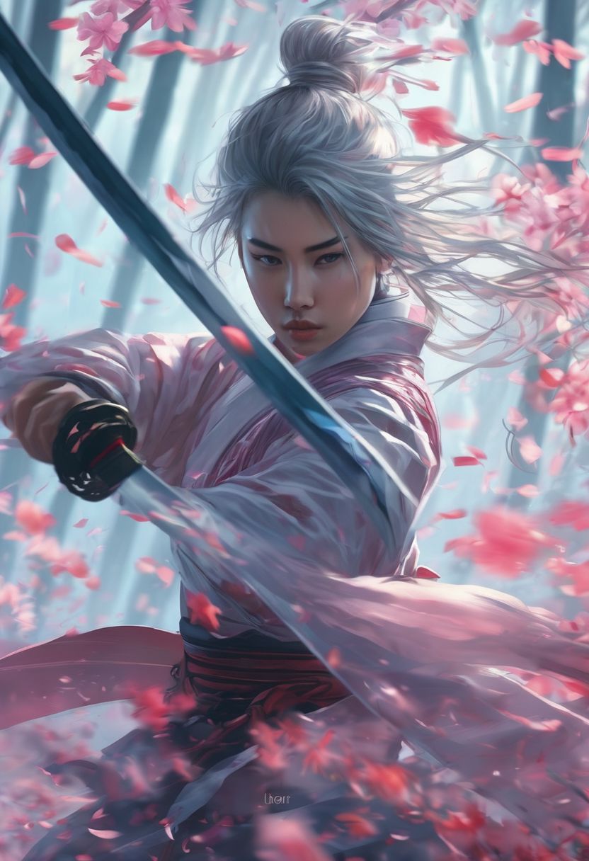 Sword Sakura, 1girl,  ninja, vampire, tan,weapon, solo, sword, sash,  determined, ponytail, short hair, silver hair, ribbon, katana, lips, looking at viewer, wind, blurry, long hair, long sleeves, nature,
<lora:Sword_Sakura:0.8>,
